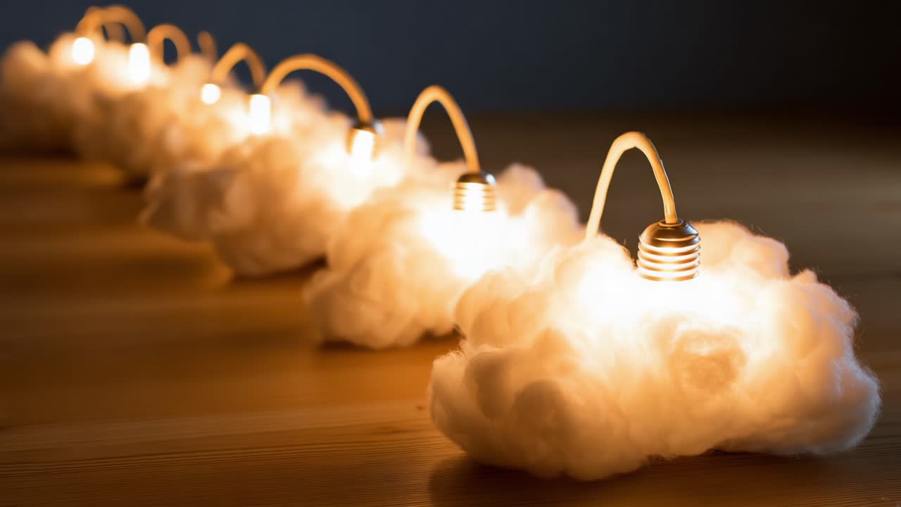 A Creative Display of Soft Clouds Illuminated by Stylish Light Bulbs, Creating a Whimsical Atmosphere Perfect for Home Decor and Artistic Presentation, Enhancing Any Space Beautifully