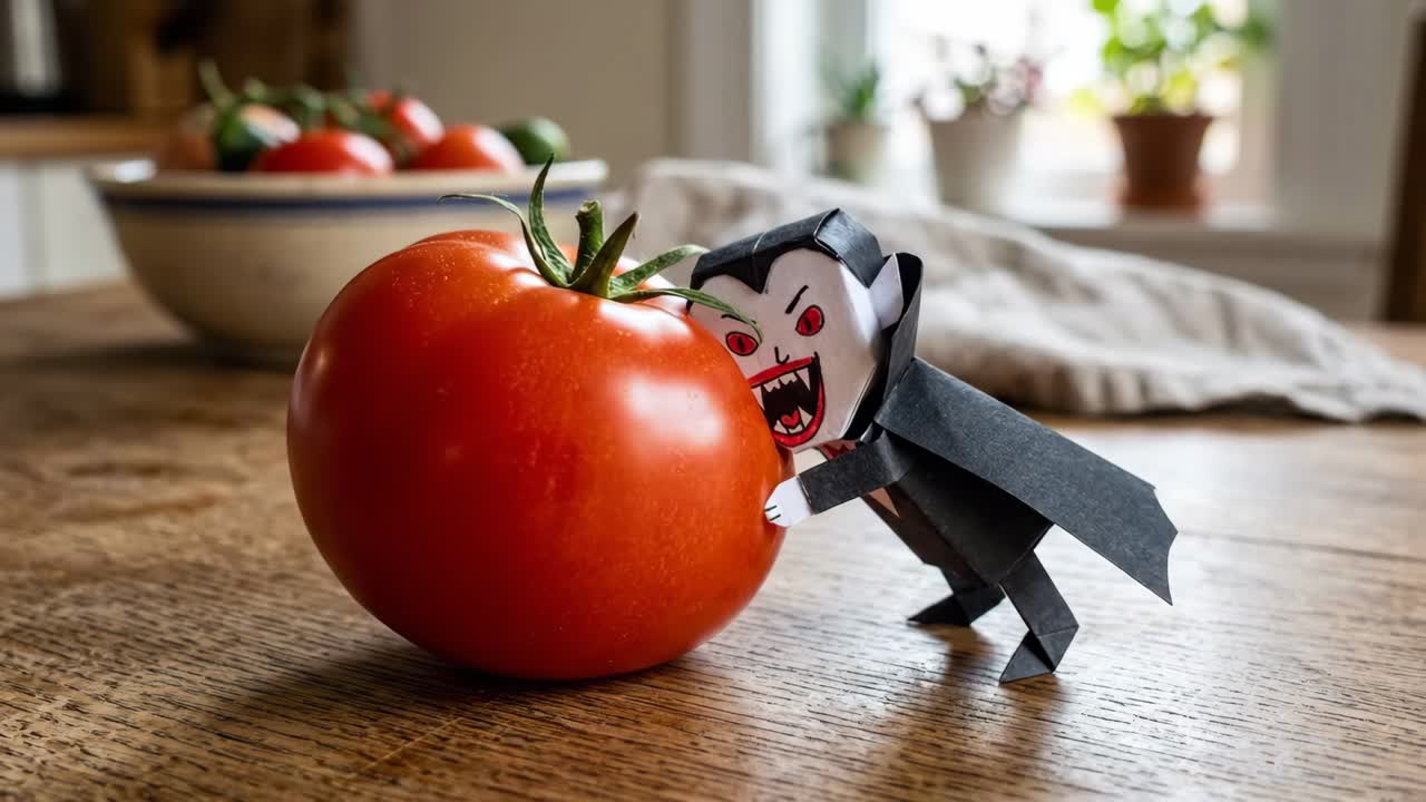 Vampiro di carta morde un pomodoro rosso fresco in stop motion