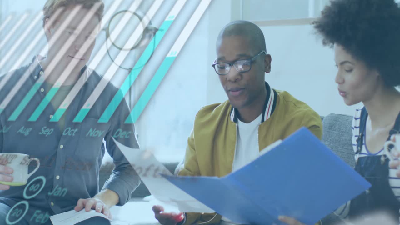 Animation of financial data processing over diverse business people