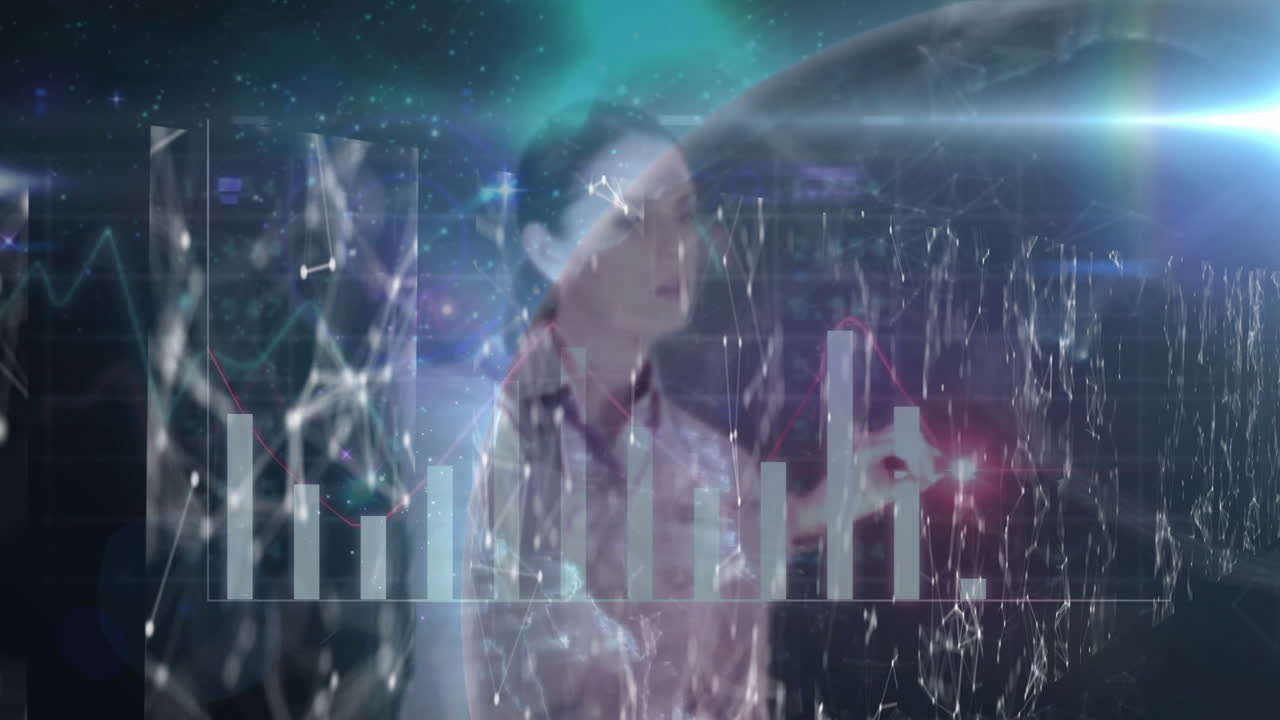 Interacting with futuristic animation, businesswoman analyzing digital graphs in office