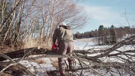 Man-Sawing-Wood-Using-Motor-Saw---Wide-Shot