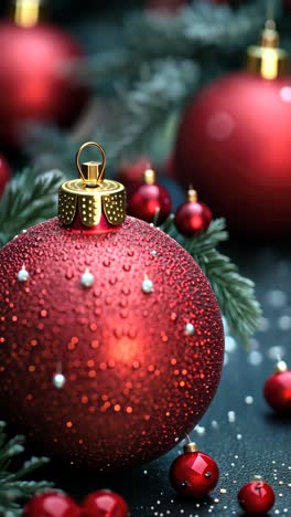 beautiful red christmas ornament with raindrops and holiday decorations