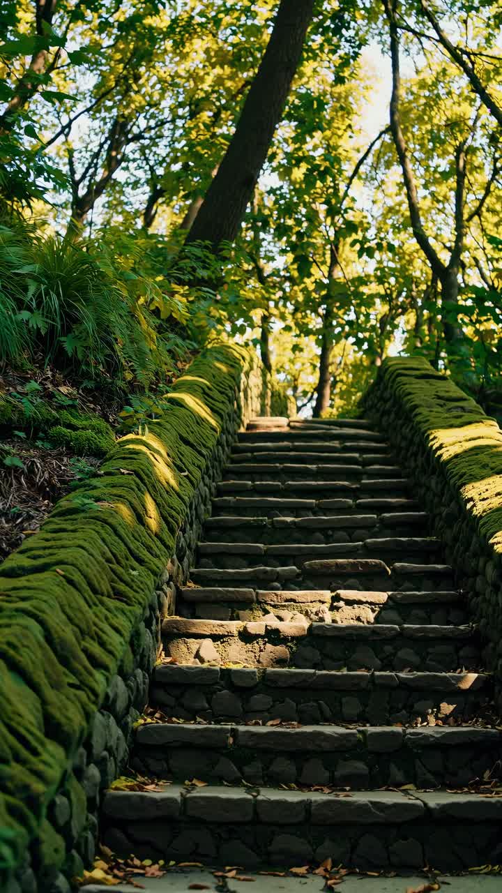 A serene, upward video view of moss-covered stone steps in a lush forest, capturing the tranquility