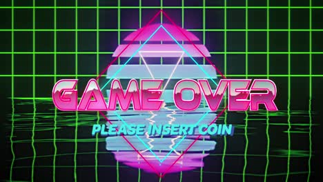 animación del juego sobre texto sobre una cuadrícula y puesta de sol digital