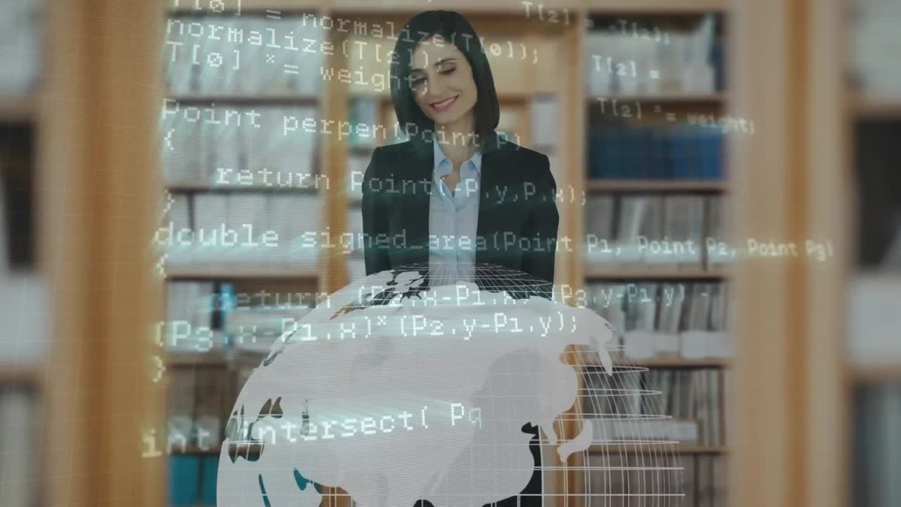 animación del procesamiento de datos en todo el mundo y mujer de negocios utilizando pantalla interactiva