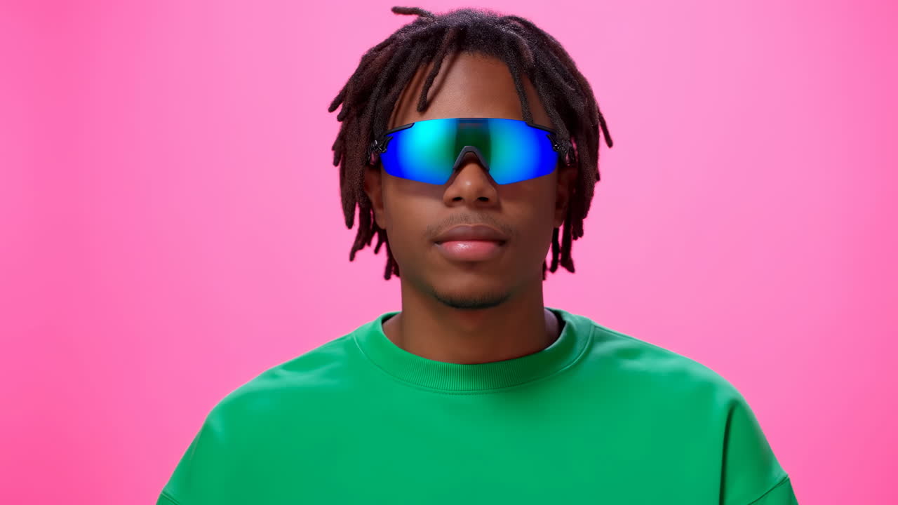 Young Black Man with Dreadlocks Wearing Blue Mirrored Sunglasses