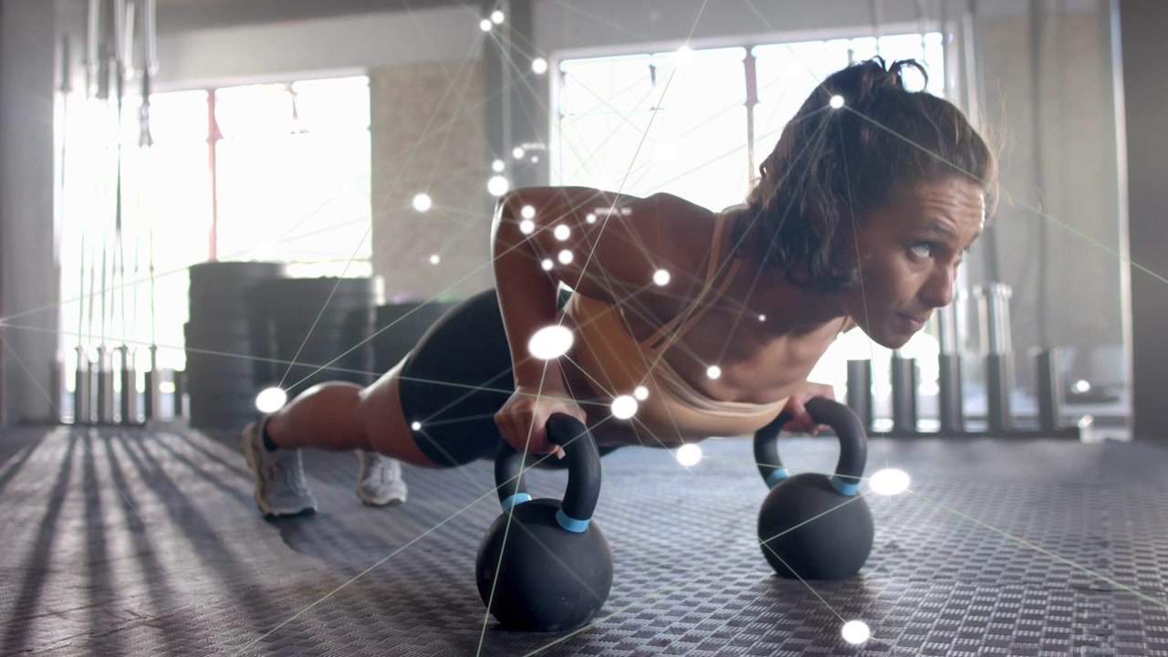 Woman from high plank on kettlebell doing pushup-row for fitness with animated overlay around torso