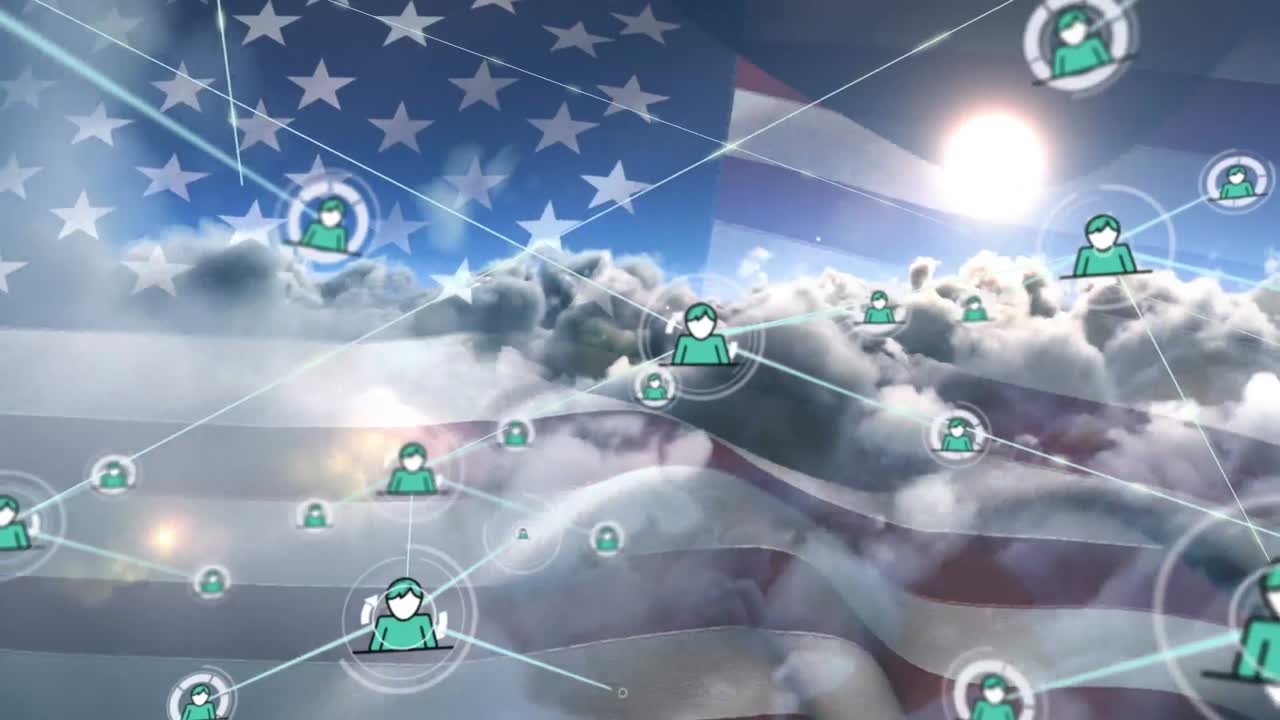 red de iconos de perfil sobre agitando nuestra bandera contra las nubes en el cielo