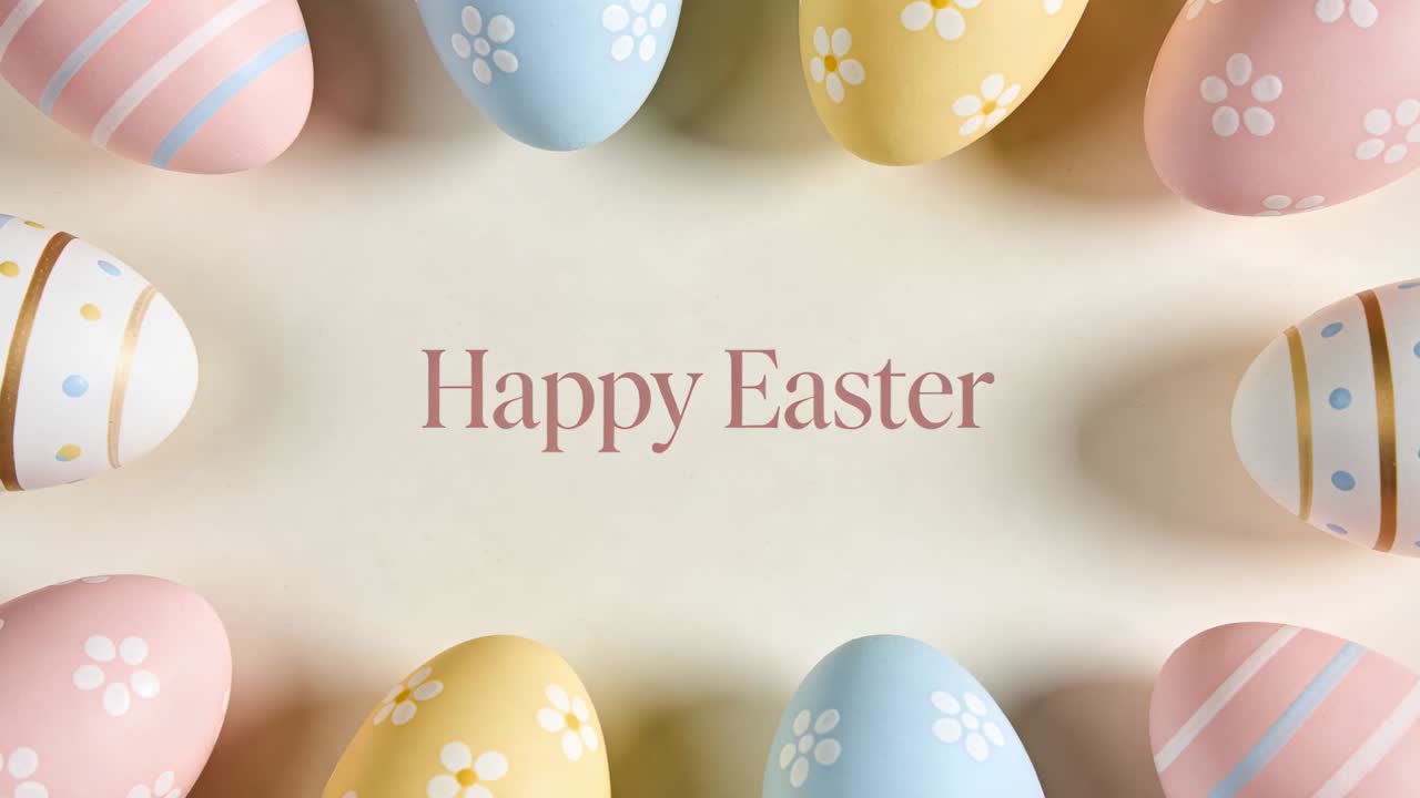 Motion starting as pastel Easter eggs drifting inward over cream backdrop framing Happy Easter