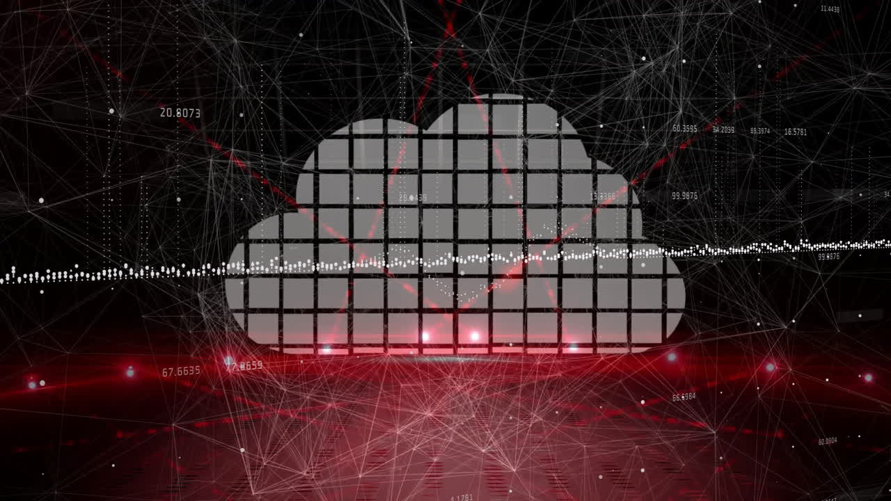 Animation of digital cloud with network connections and data visualization blocks