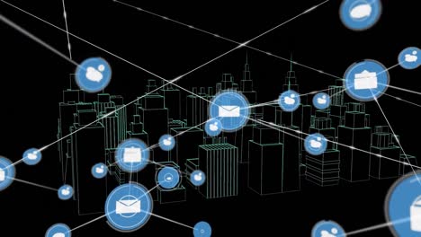 Animation-of-network-of-connections-with-icons-over-3d-architectural-drawing-of-city-in-background