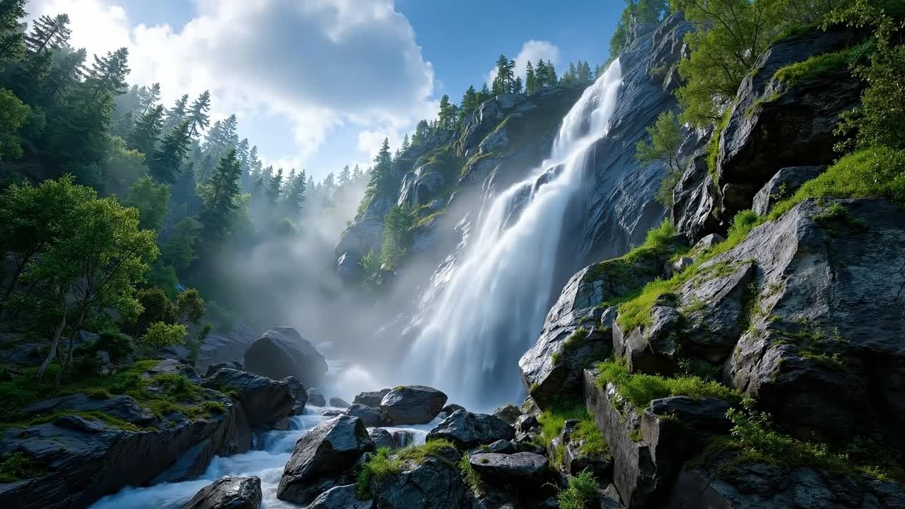 A large waterfall in the middle of a lush green forest | Premium Stock ...