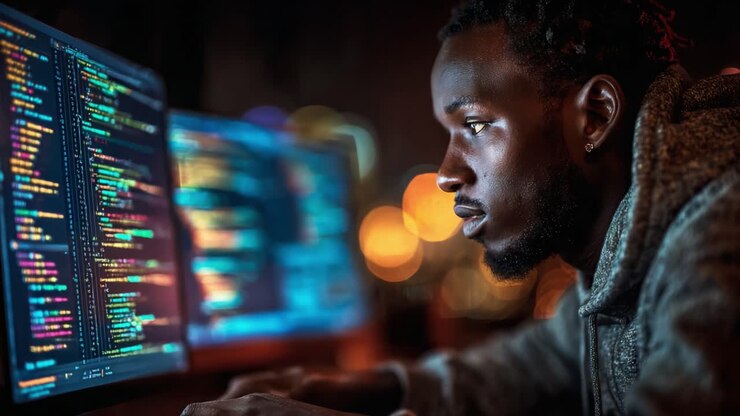 Focused Programmer Analyzing Code at Night in a Dimly Lit Environment, Surrounded by Monitors Displaying Lines of Programming Code and Glowing Colors
