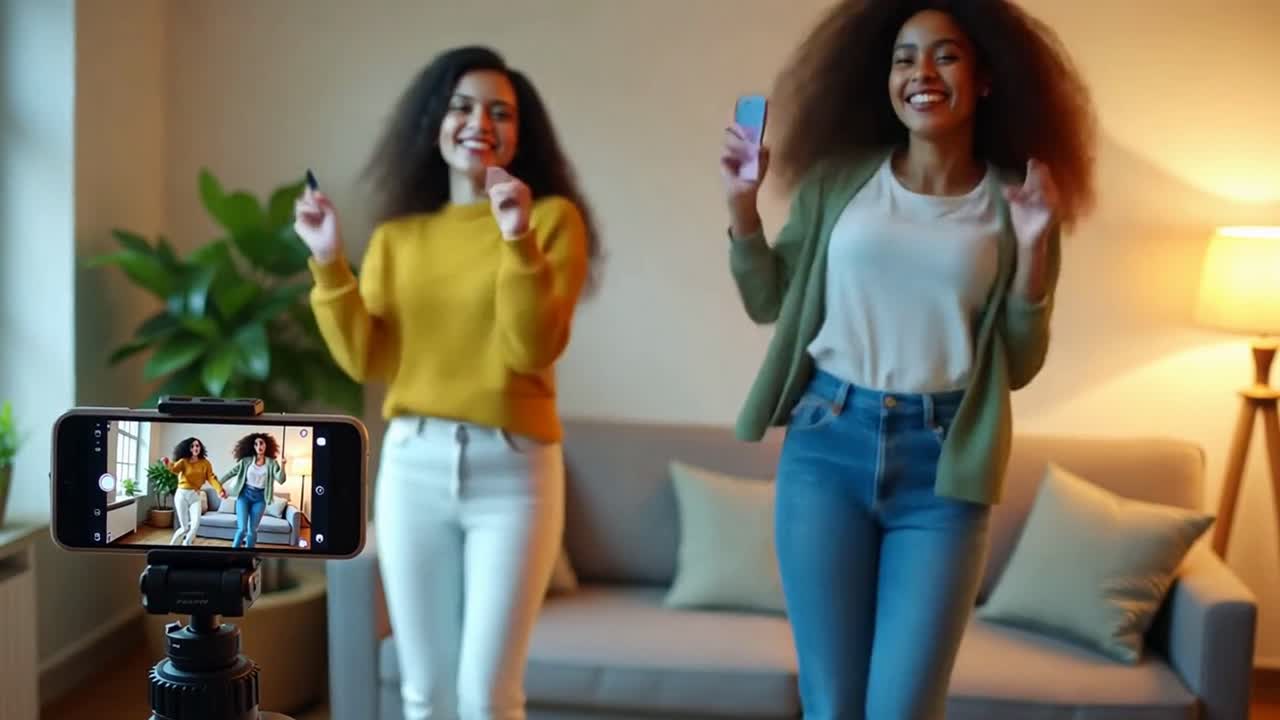 Two women are dancing in a living room while a camera is recording them