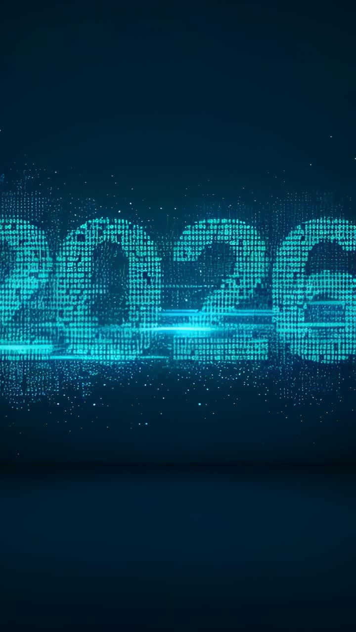 Vertical video: Sweeping arc striking neon 2026, sparking, forming magenta on dark gloss floor