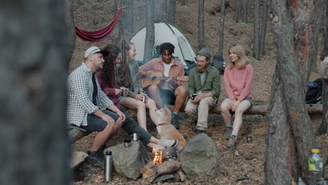 multi-ethnic group of young people singing playing guitar enjoying day outdoors in forest near campfire