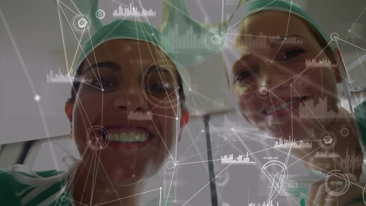 Animazione di connessioni su chirurghe caucasiche sorridenti