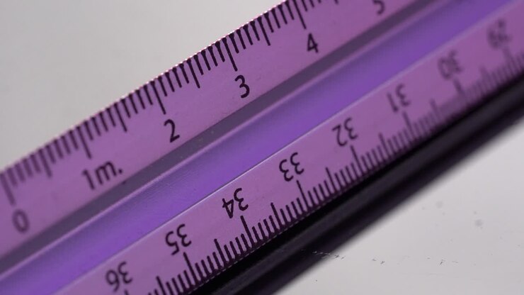 Macro shot of metallic measuring ruler on desk with blurred background, static composition