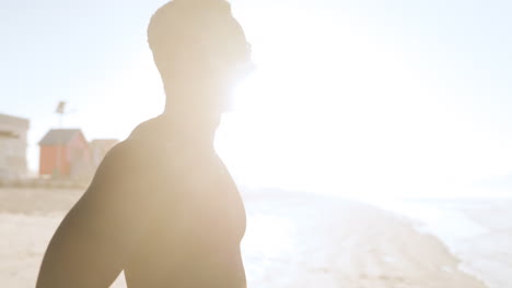 summer, surfer and person walking on beach