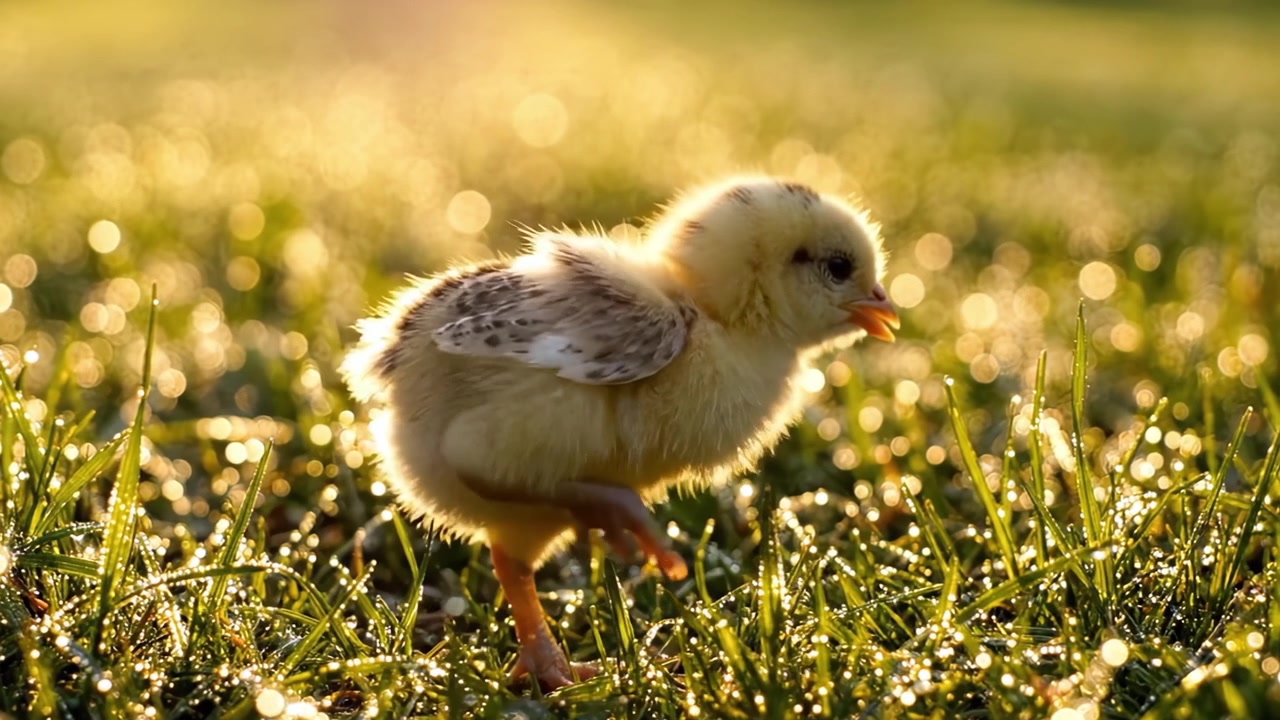 Ein junges Küken erkundet seine taufrische Umgebung und fängt die Unschuld und das Wunder der Natur im sanften Morgenlicht ein.