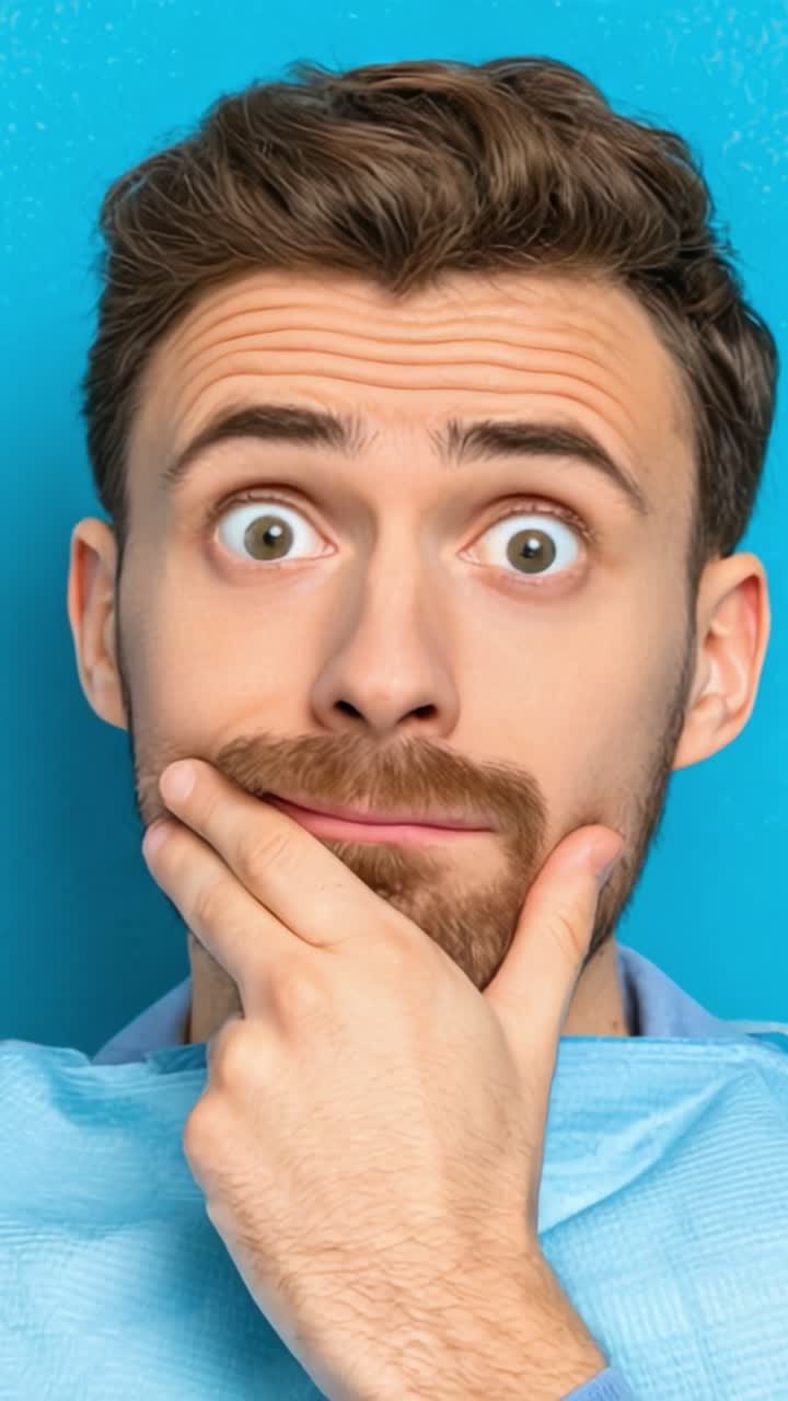 A Playful Expression: A Man with a Curious Look and Engaging Personality Captured Against a Vibrant Blue Background in Two Expressive Frames