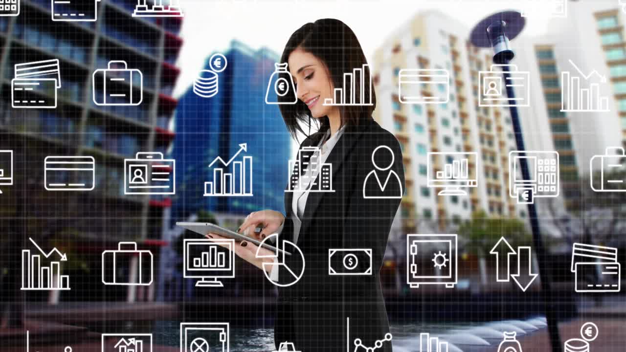 animación de iconos financieros sobre mujer caucásica con tableta