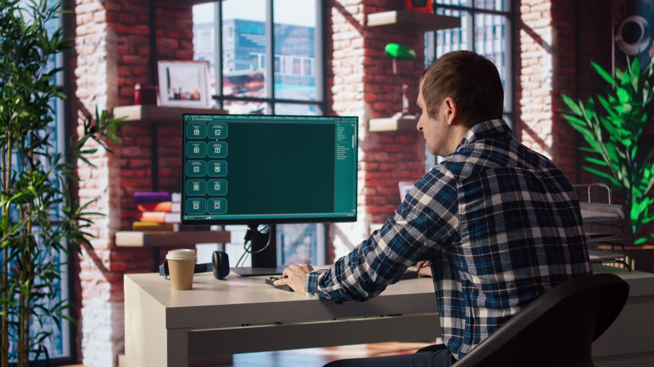 Person requesting help from AI LLM chatbot software in modern urban home office