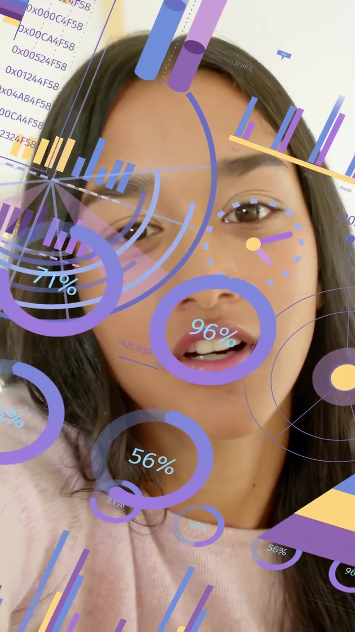 Vertical video: Woman filming selfie tilting phone moving head demoing AR charts shifting on face