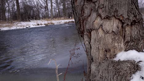 Truck-Shot-Of-Rushing-Icy-Forest-River-In-Winter