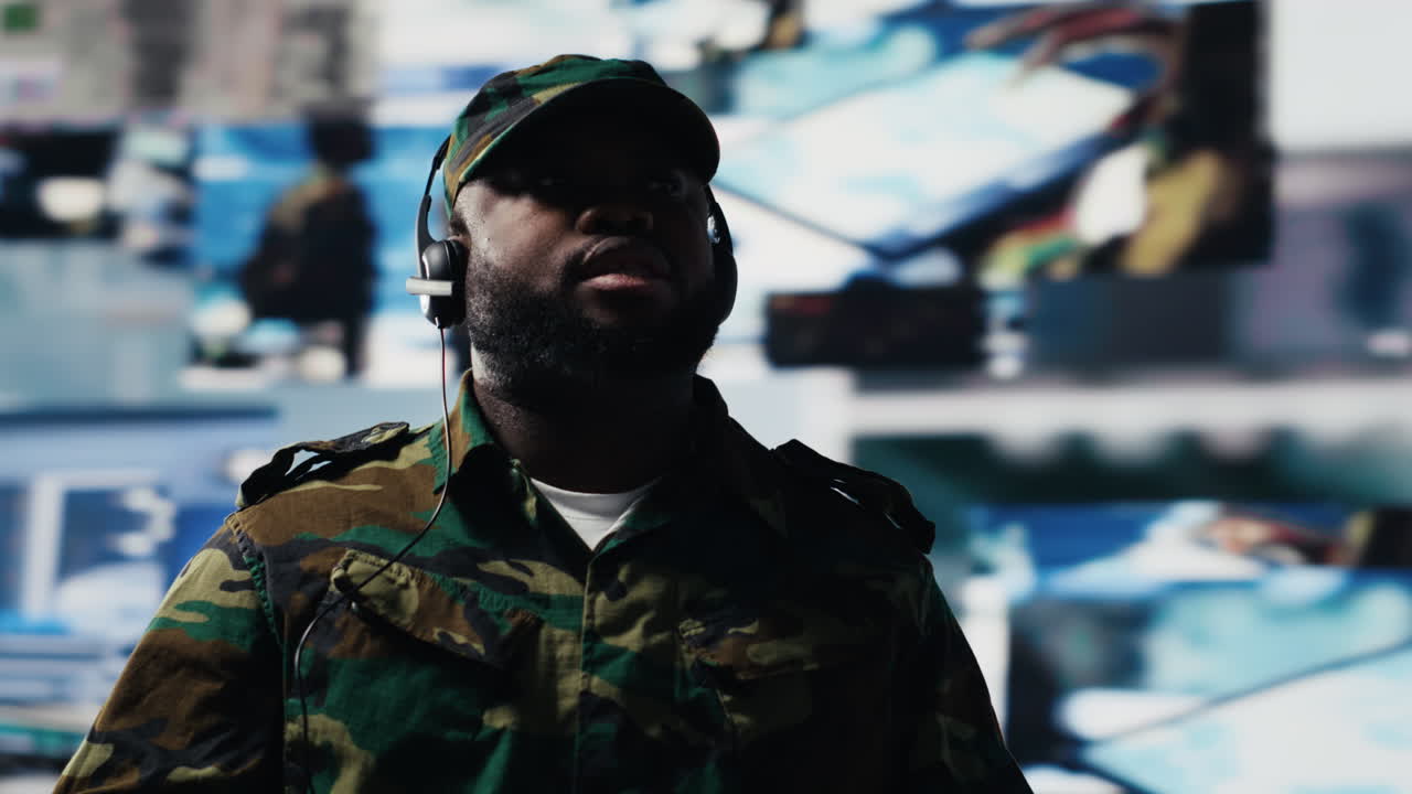 African american trooper keeping in touch with the mission control tower
