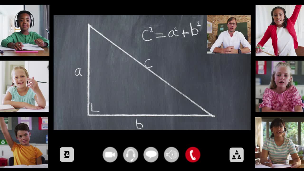 Animation of interface screen with chalkboard, teacher and six diverse children in online lesson