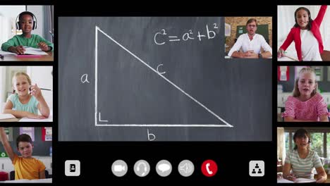 animation of interface screen with chalkboard, teacher and six diverse children in online lesson