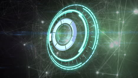 animation of scope scanning over network of connections and glowing spots on green background