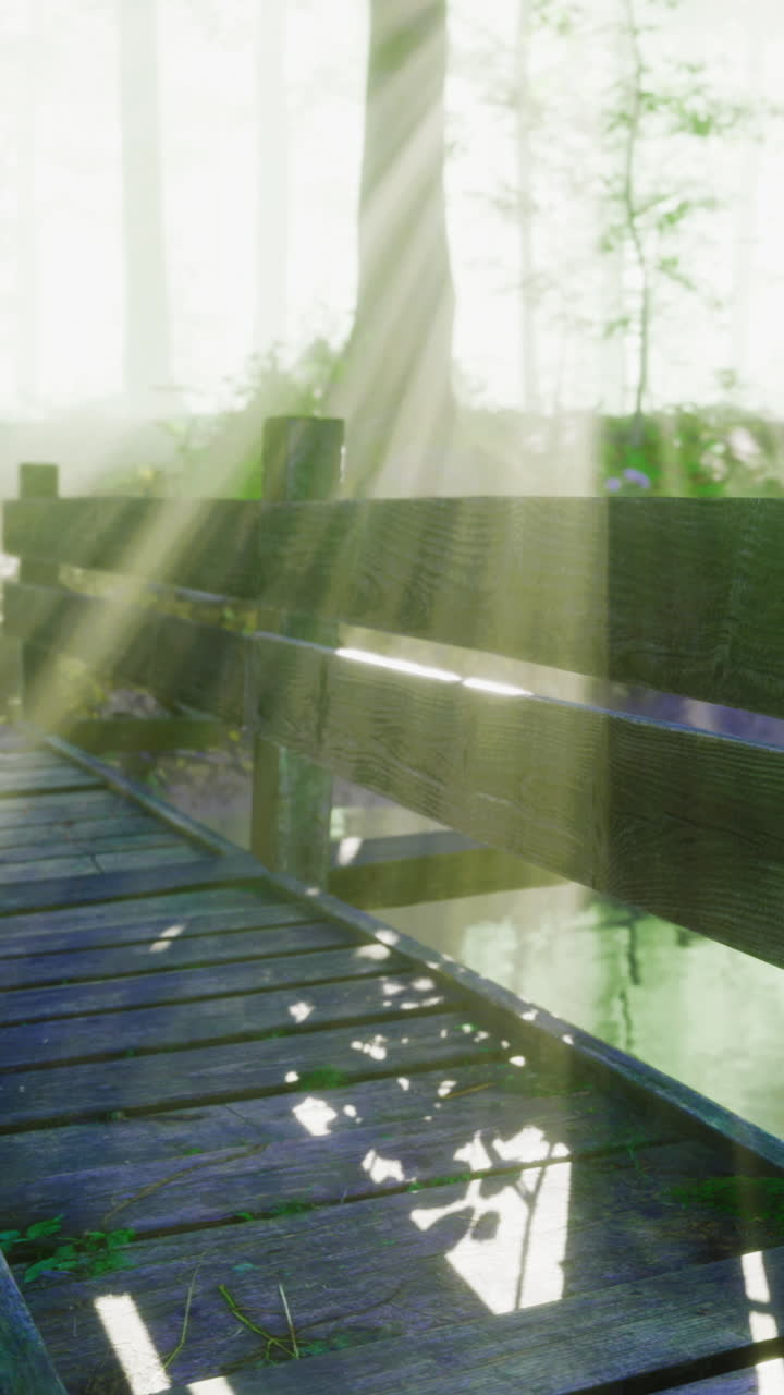 Peaceful wooden bridge in a foggy forest with sunlight filtering through trees