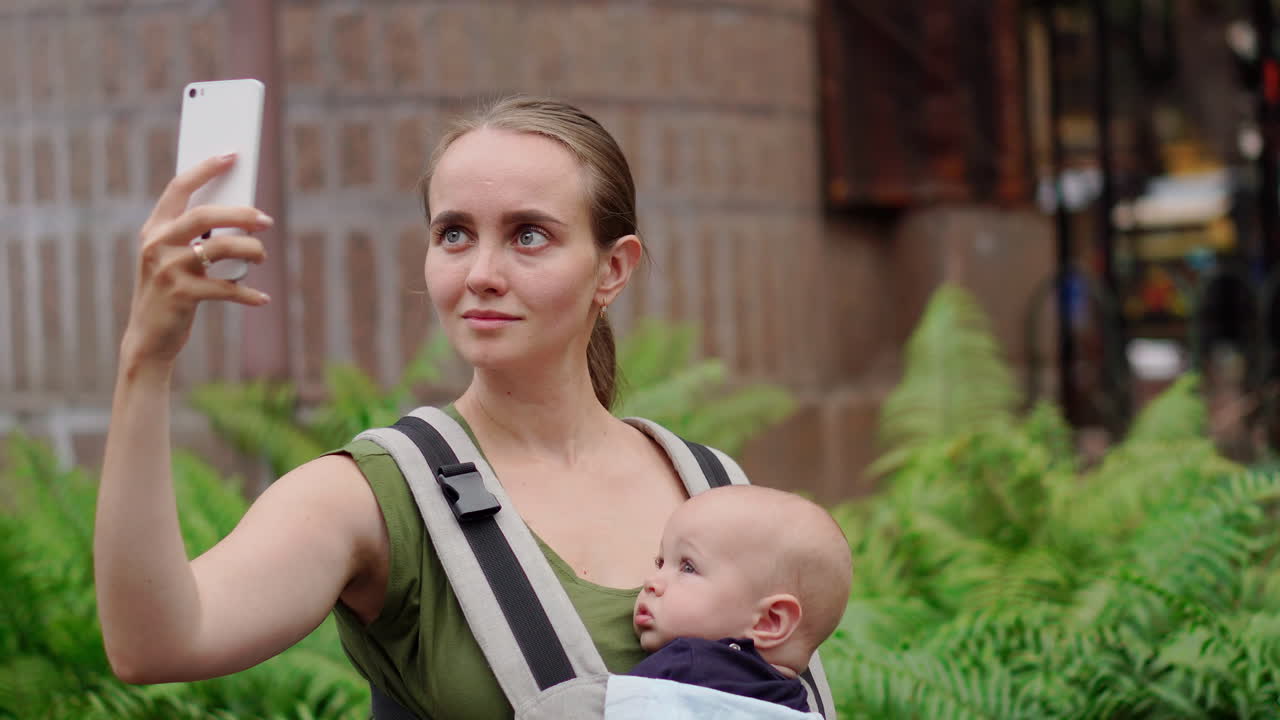 ⁇ 거루 배 ⁇  에 아기 를  ⁇ 고 있는 젊은 여자 는 휴대 전화 를 사용 하여 여행 의 사진 을 찍는다. 그 여자 는  ⁇ 고 가끔 휴대 전화 화면 을 확인 한다