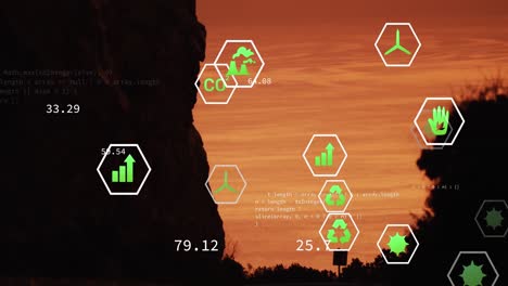 Animation-Von-Symbolen-Für-Nachhaltigkeit-Und-Ökologie-über-Der-Landschaft