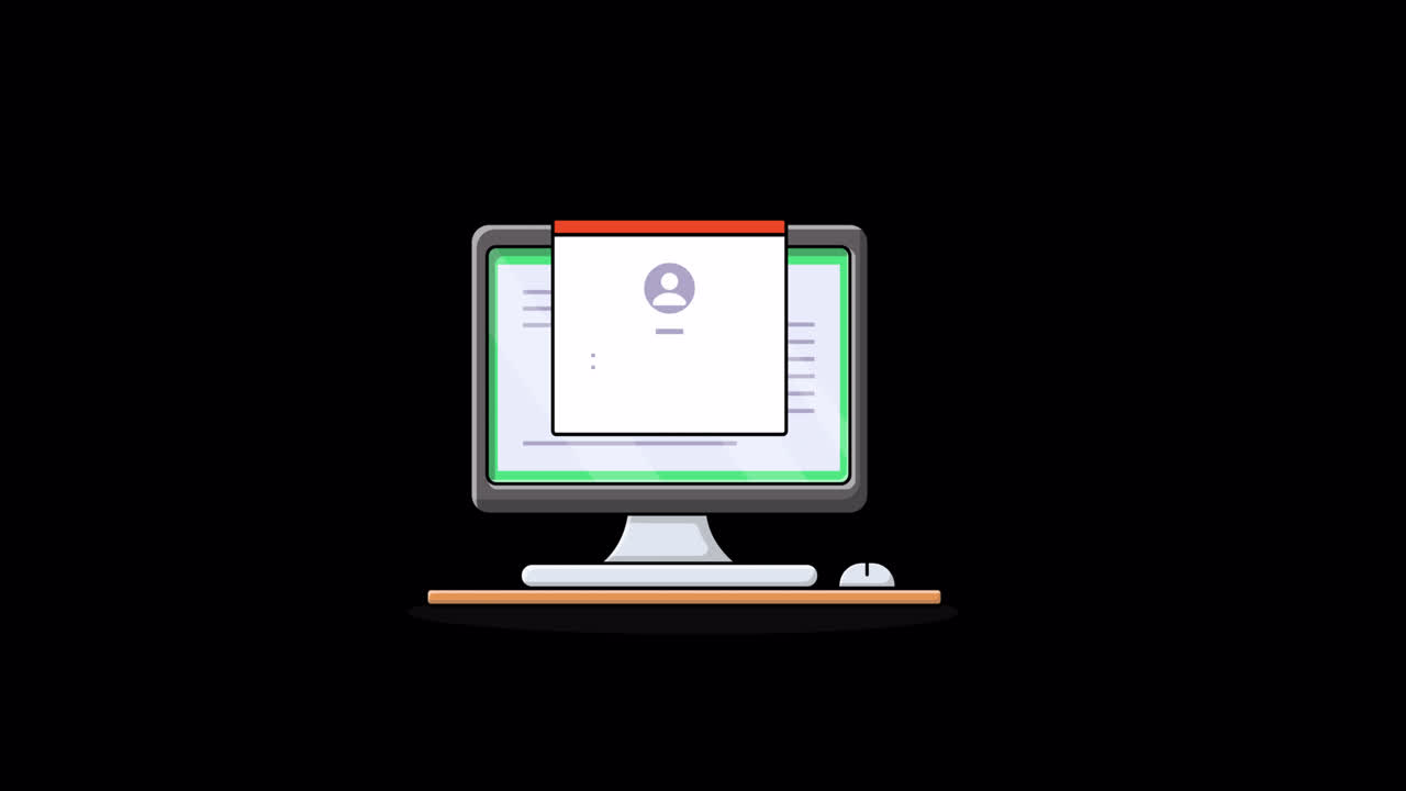 Schermo di computer animato con login e pop-up di sicurezza.