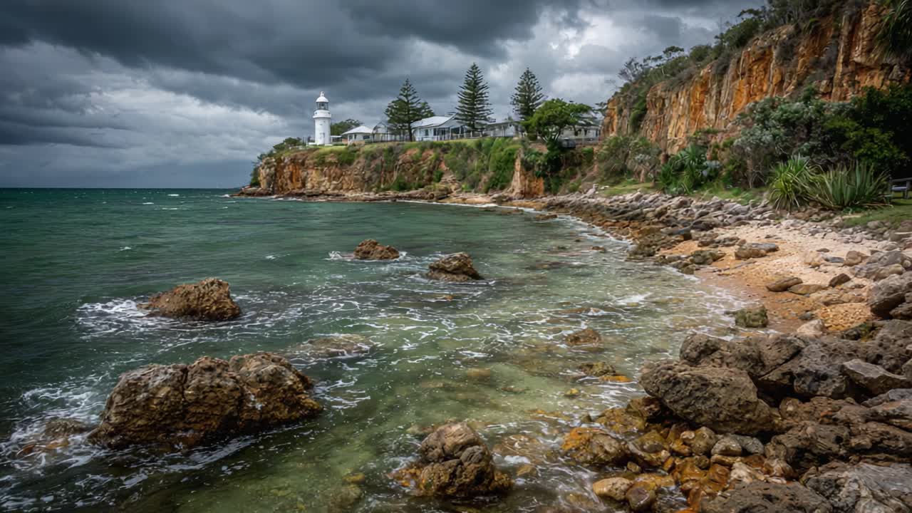 Stormy Coastal Landscape Featuring a Lighthouse, Rocky Shoreline, and Turbulent Waters Under Dramatic Skies with Lush Vegetation in Foreground