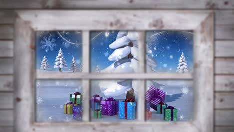 Animation-Von-Schnee,-Der-über-Den-Weihnachtsbaum-Fällt,-Und-Geschenken-In-Der-Winterlandschaft,-Gesehen-Durch-Das-Fenster