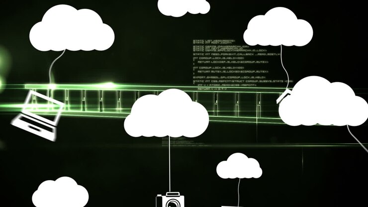 Animation of media icons and dna strand on black background