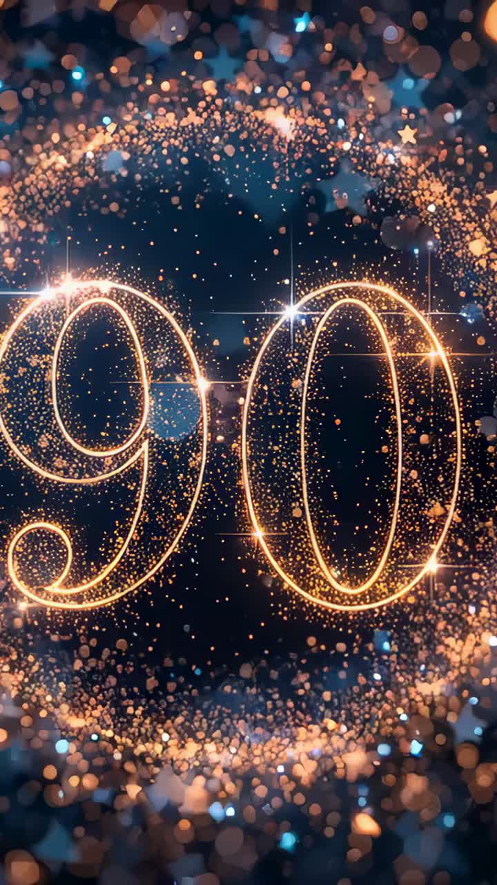 Vertical video: Forming ring, golden numeral 90 glowing on navy backdrop with golden halo and bokeh