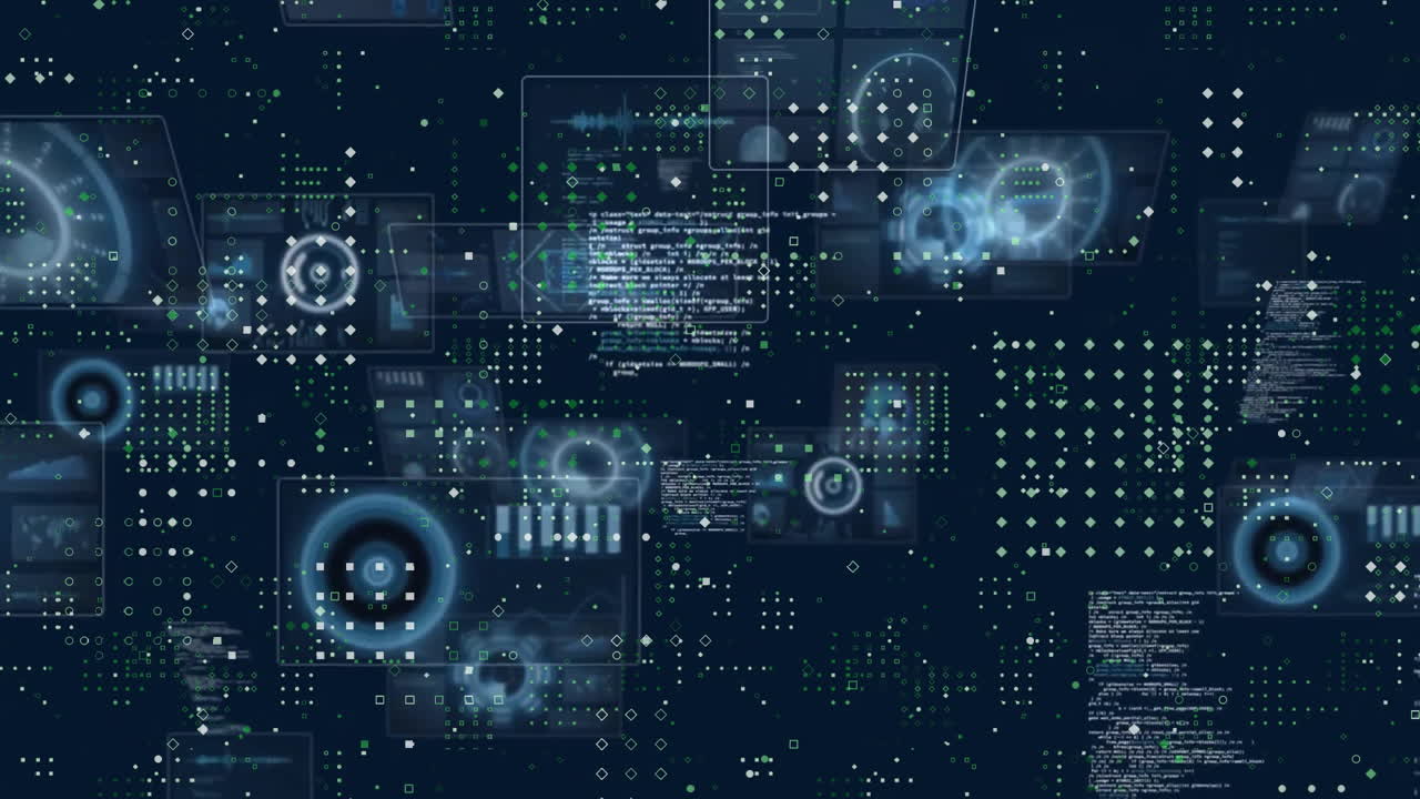 Animation of scopes scanning and data processing over dark background
