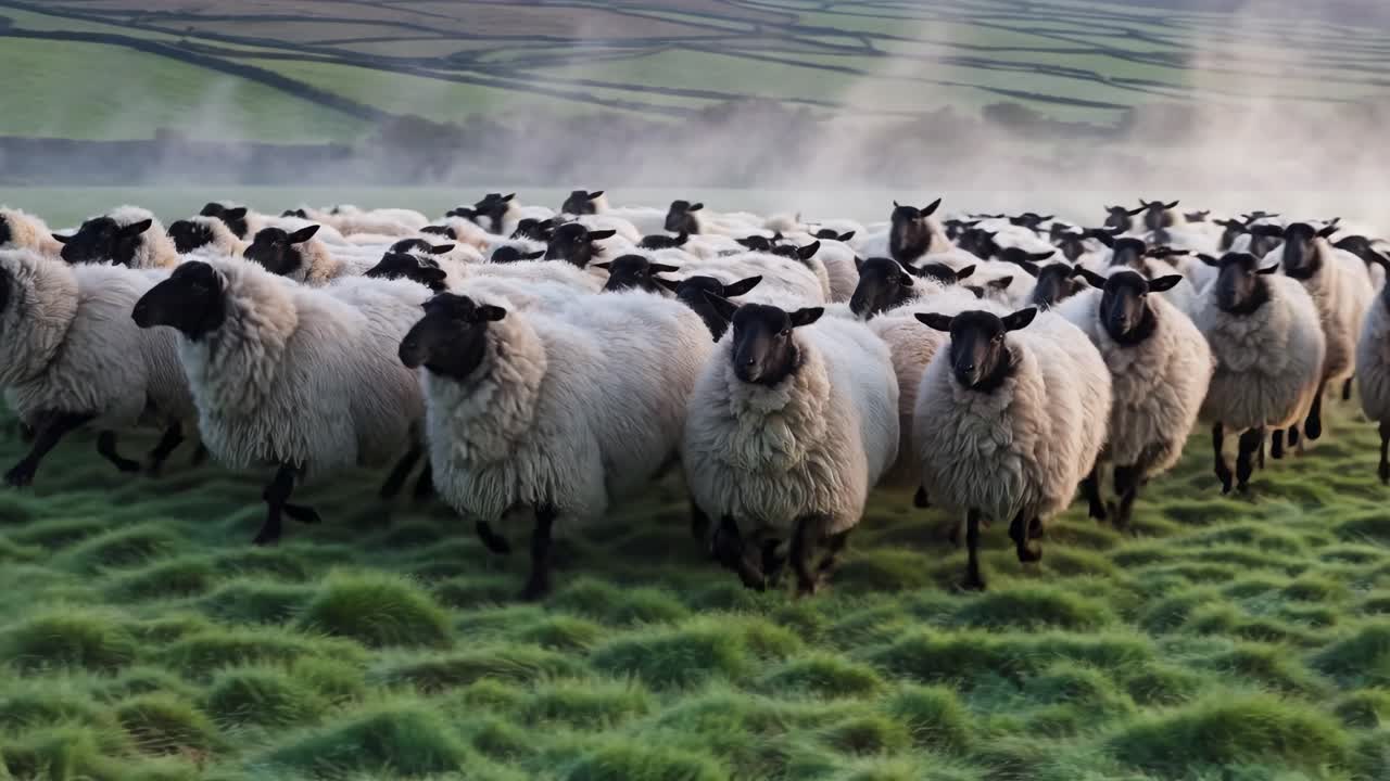 A low-angle video captures a flock of sheep on a misty, lush green field, with rolling hills