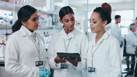 Science,-tablet-and-women-conversation