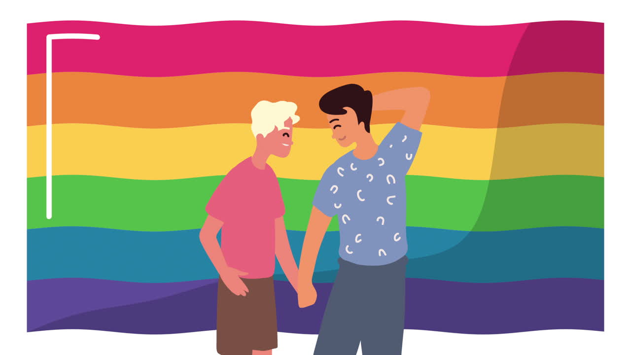 dos hombres con las manos en frente de una bandera arco iris