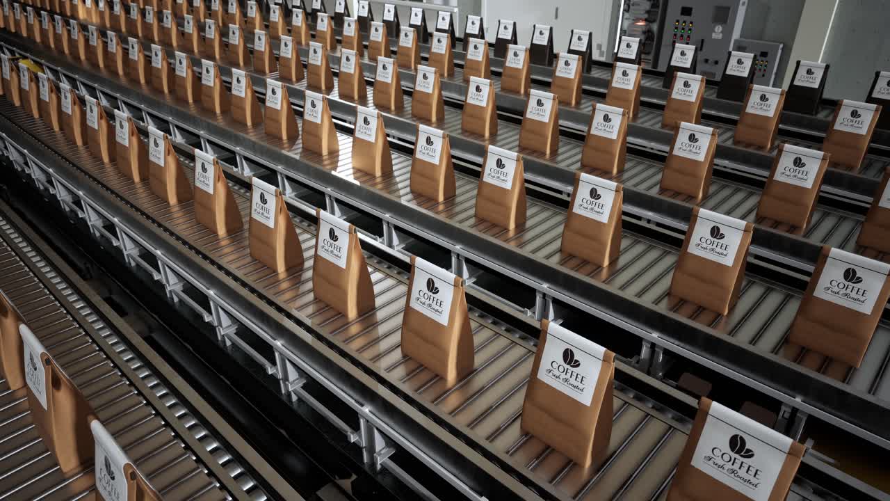 Roasted Coffee Beans In Package On Conveyor Belt In Factory. Coffee Production