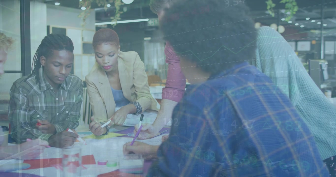 Animation of financial data processing over business people