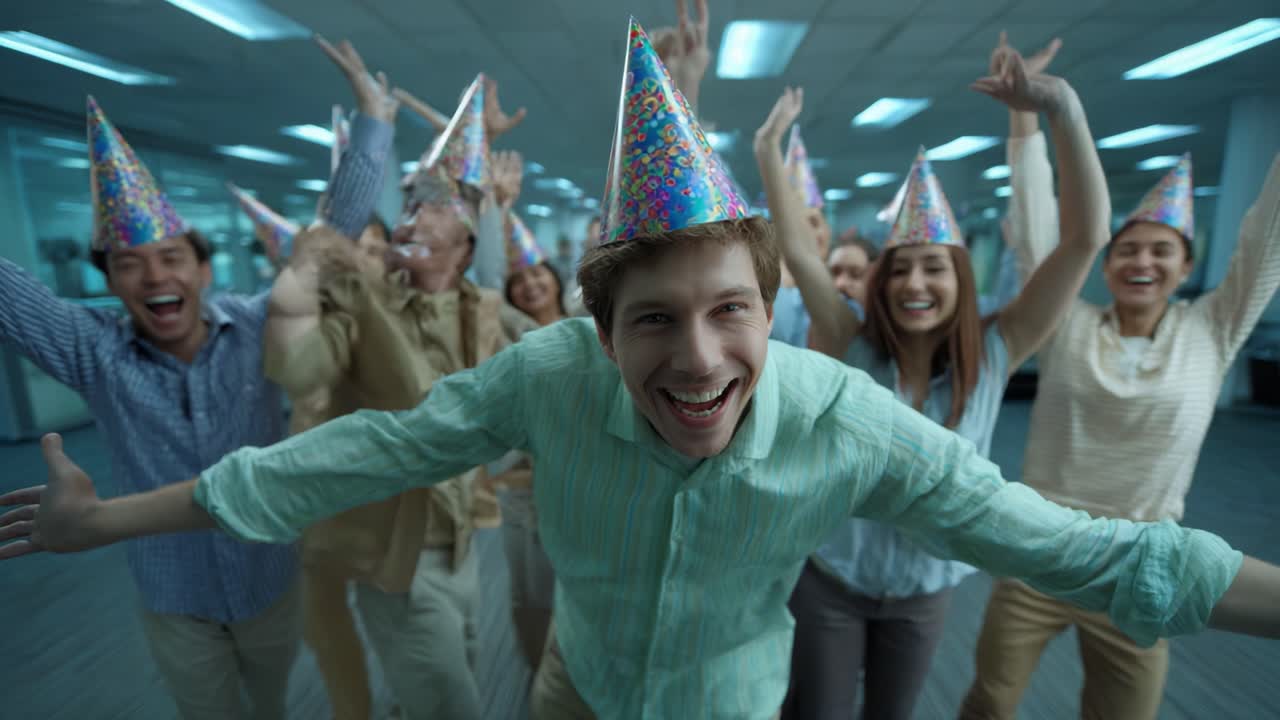A joyful celebration with friends in an office setting, featuring a group of happy individuals wearing colorful party hats, excitedly participating in a lively event filled with laughter and camaraderie