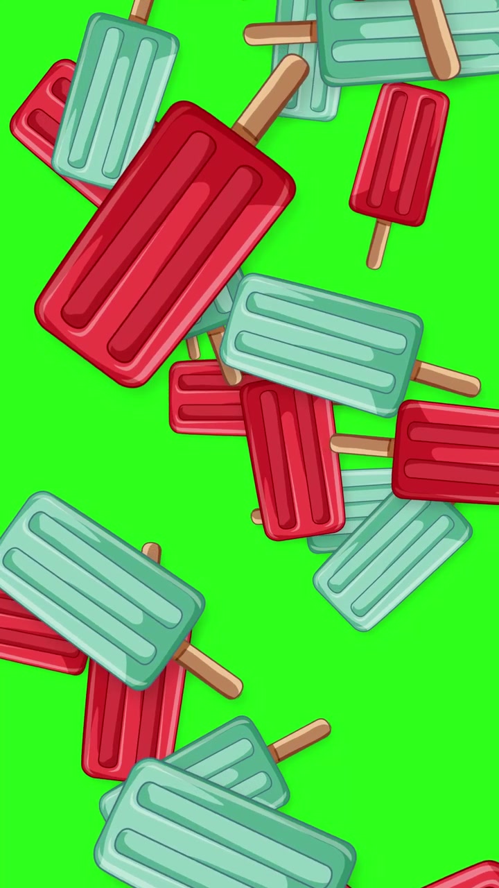 Ghiaccioli colorati in stile cartone animato cadono verticalmente su uno sfondo verde brillante in questa animazione