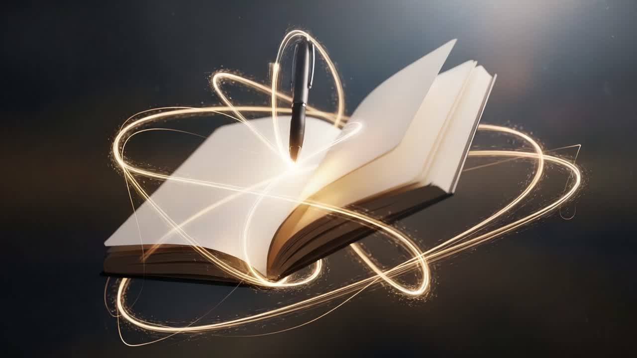 An Enchanting Journey of Imagination: An Open Book Surrounded by Swirling Light Trails Captures the Essence of Inspiration and Creativity in a Magical Setting